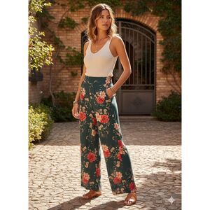 Floral Print Wide Leg Boho Pants Flowy Vacation High Waist Flynn Skye Sz M